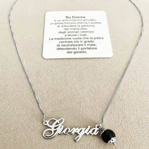 collana portafortuna su coccu con nome